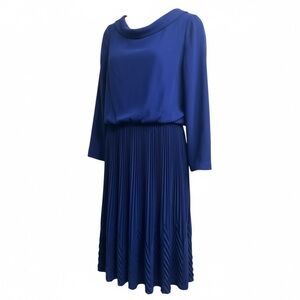 VINTAGE HERMAN MARCUS DALLAS BLUE PLEATED MIDI DRESS LONG SLEEVE SIZE 12 USA
